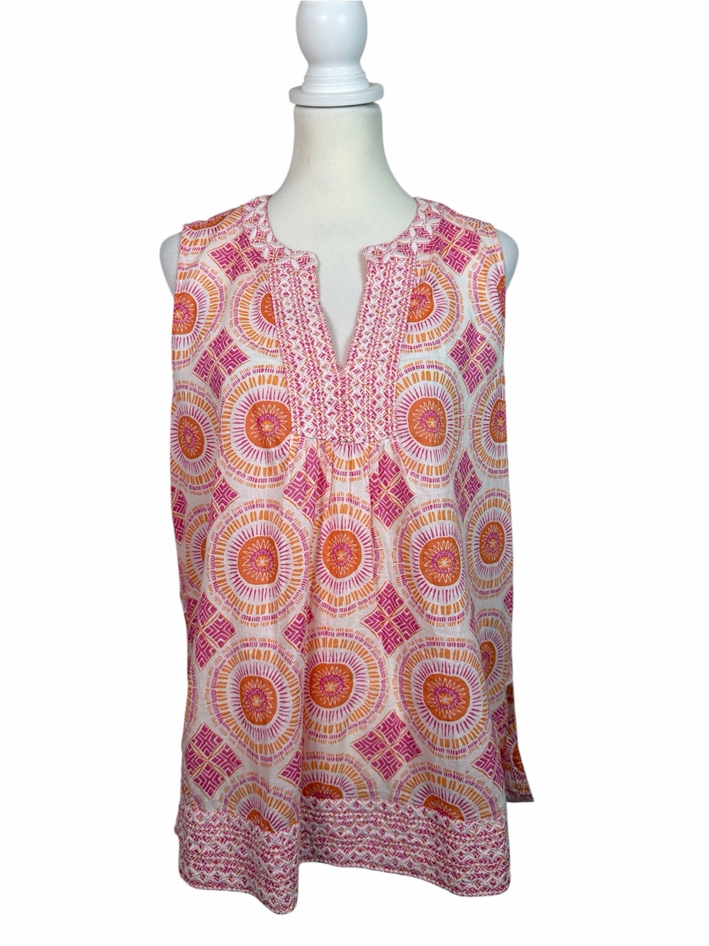 Sigrid Olsen Pink Orange Geometric Embroidered Tunic Top Size Large Boho